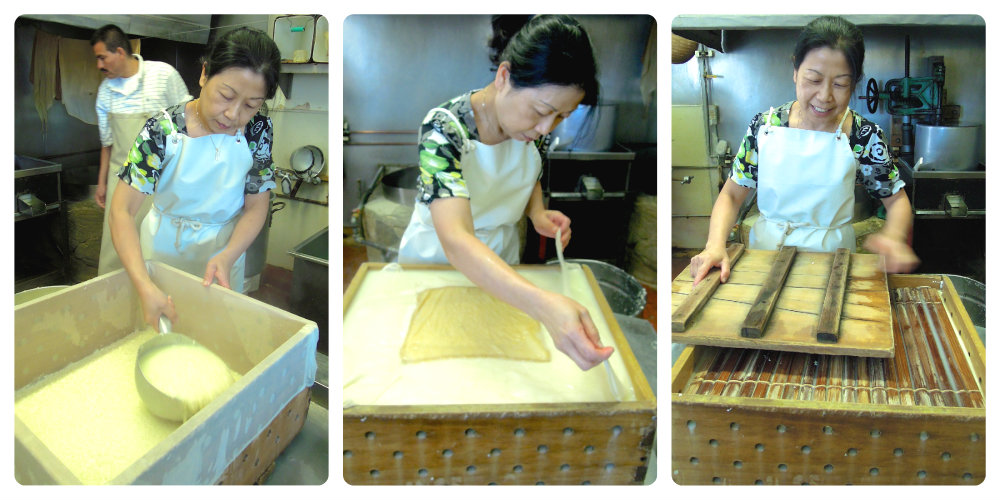 Amy Nozaki in a few of the steps involved in making tofu by hand. Photo: Anna Mindess