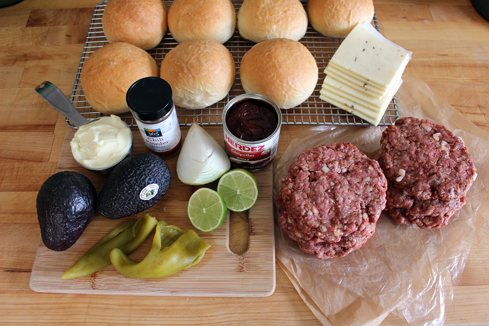 Ingredients for Chili burgers with chipotle mayo, pepper Jack, roasted green chiles, and avocado. Photo: Wendy Goodfriend