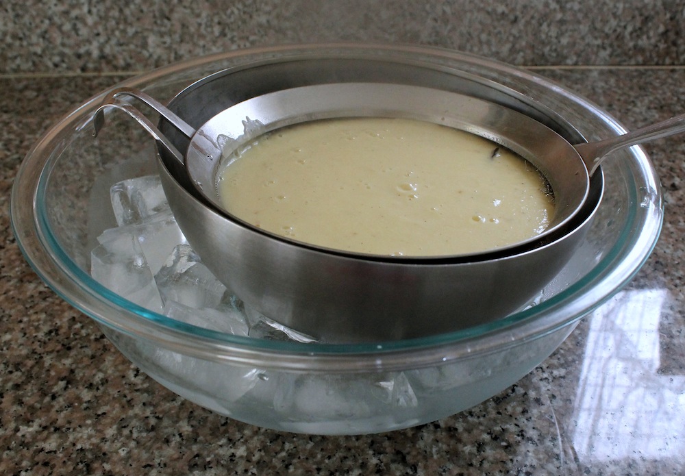 Rapidly cool the strained custard in an ice bath to halt cooking before transferring it to the fridge to chill completely. Photo: Kate Williams