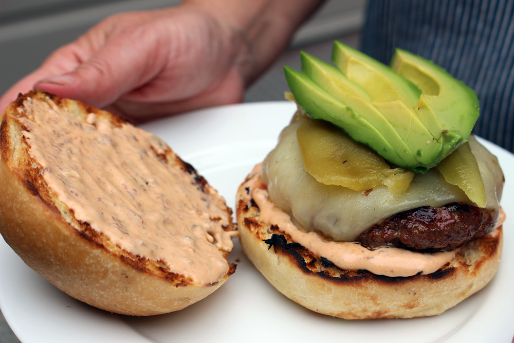 Serve chili burger with chipotle mayo, pepper Jack, roasted green chiles, and avocado. Photo: Wendy Goodfriend