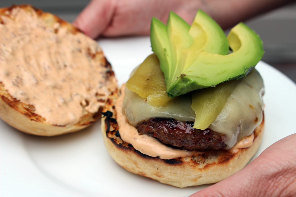 Chili burgers with chipotle mayo, pepper Jack, roasted green chiles, and avocado. Photo: Wendy Goodfriend