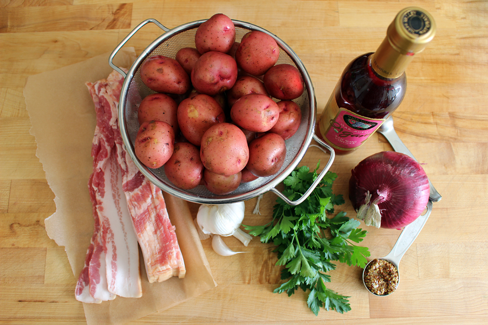 Grilled potato salad with warm bacon vinaigrette ingredients. Photo: Wendy Goodfriend
