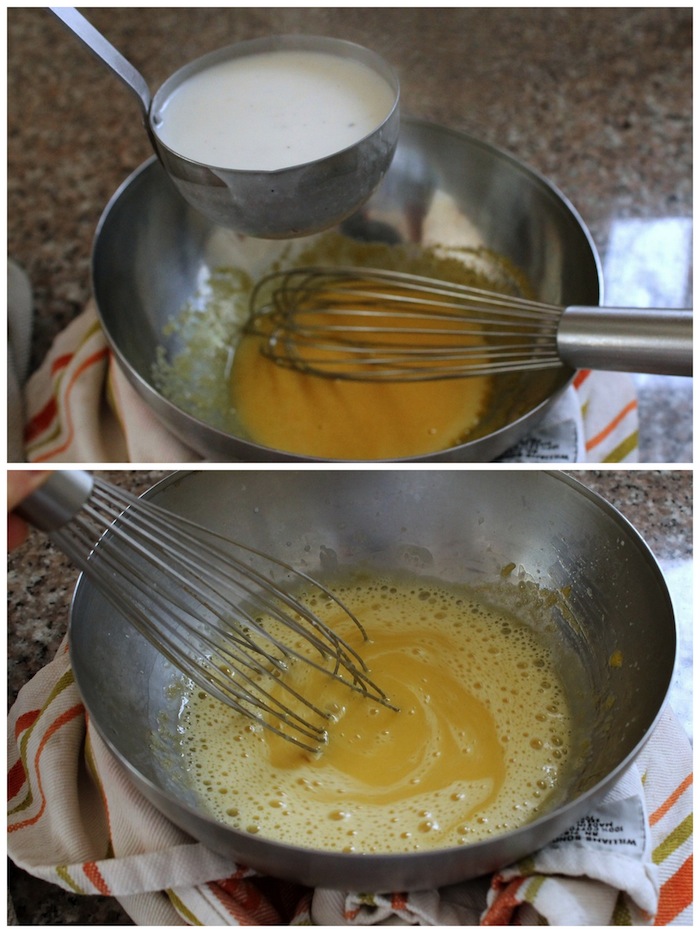 To temper egg yolks, whisk about 1/2 cup of the hot coconut mixture into the egg yolks and sugar. Whisk constantly to avoid curdling while heating the eggs. Photos: Kate Williams