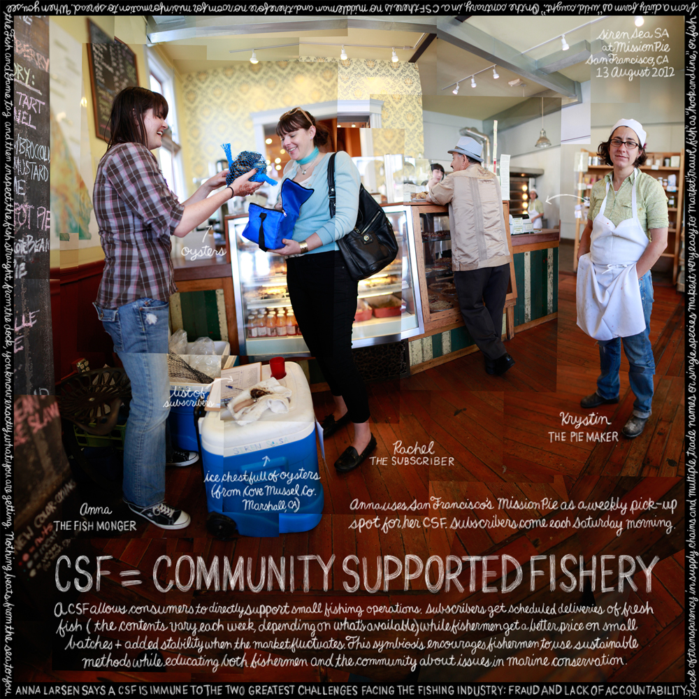 Siren Fish Co. founder Anna Larsen gives seafood to a member of her community supported fishery. Photo: Douglas Gayeton