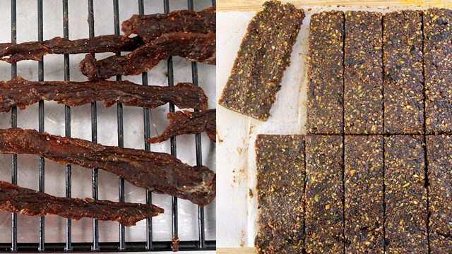 Homemade smoky beef jerky and fig and pistachio “Lara Bars” are a great addition to any camping trip. Photo: Kate Williams