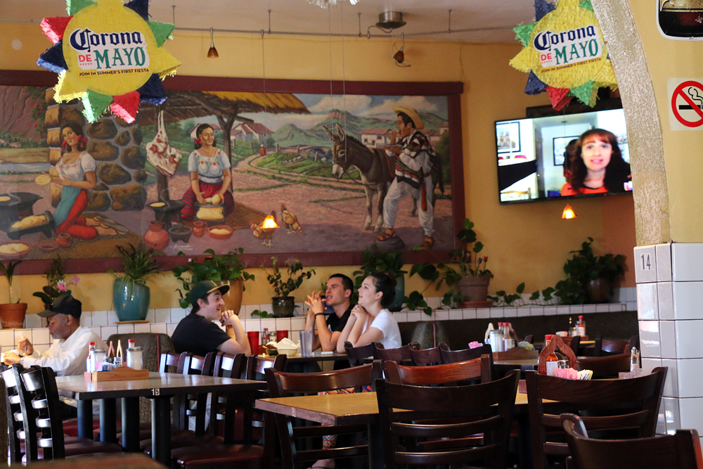 The dining room, with mural, at El Taco Zamorano