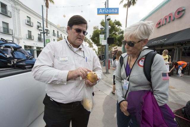 Ed Williams, who supervises inspection of certified farmers markets for the Los Angeles County Agricultural Commissioner's office, shows Laura Avery, the Santa Monica markets supervisor, a mango sold at the market which has dead white scale, an insect not present in California, and therefore evidence that the fruit was imported; at the Santa Monica Saturday Downtown farmers market. Avery had contacted agricultural authorities because she suspected that a vendor in her certified section had not produced the mangoes he was selling. 11/16/13 Photo: David Karp.