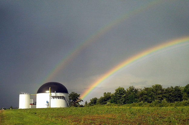 There may not be a pot of gold at the end of these rainbows, but there is an anaerobic digestion facility turning food waste into energ at Jordan Dairy Farm in Rutland, Mass. Photo: Randy Jordan/Massachusetts Clean Energy Center/Flickr