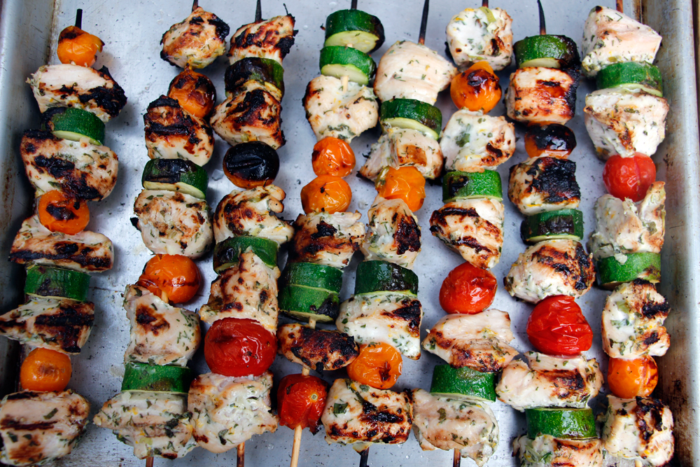  Grill the skewers, turning occasionally, until cooked through and browned nicely, 8–10 minutes. Photo: Wendy Goodfriend