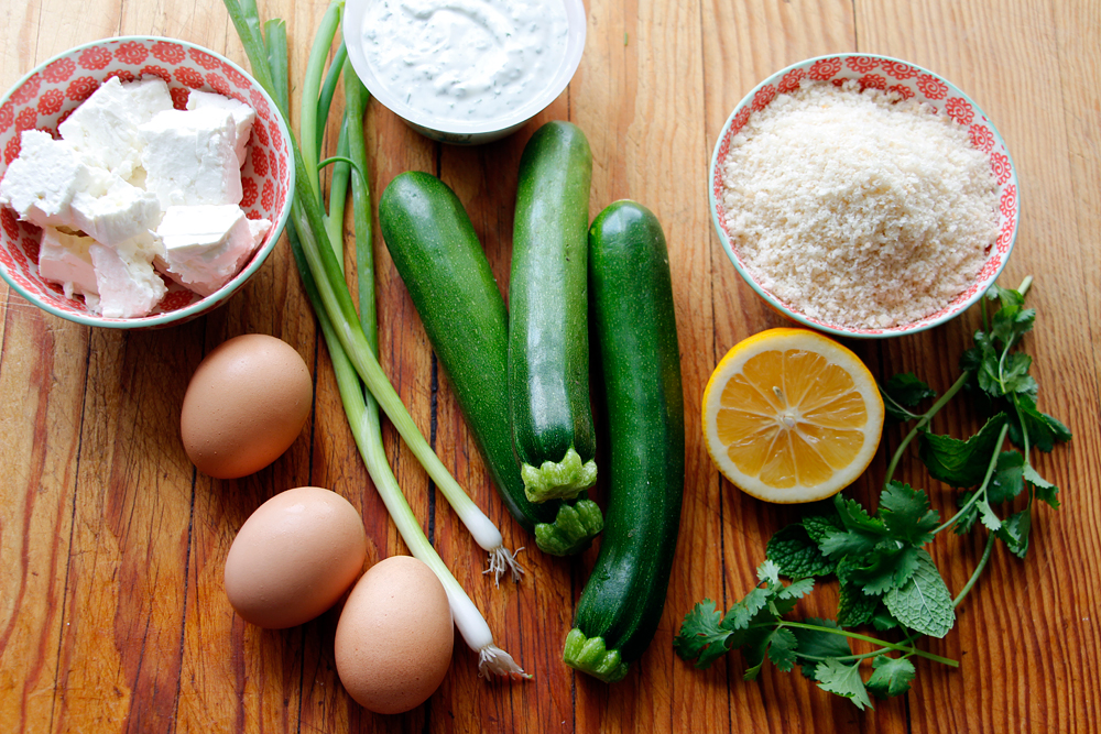 Ingredients for Zucchini, Feta, and Green Onion Fritters with Yogurt-Herb-Lemon Dip. Photo: Wendy Goodfriend