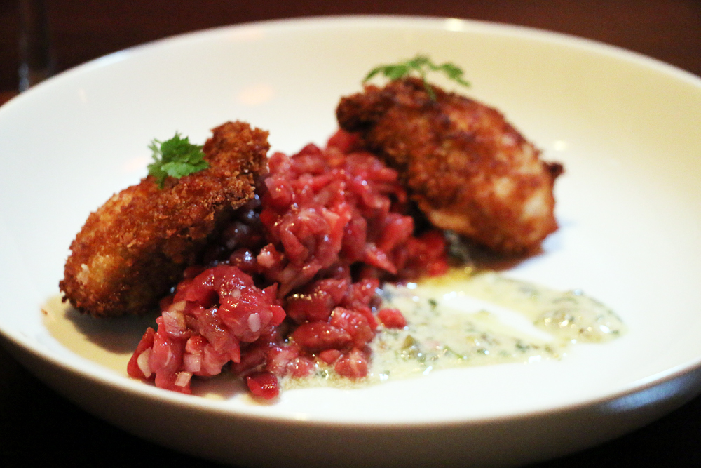 Steak tartare, fried oysters, and remoulade.