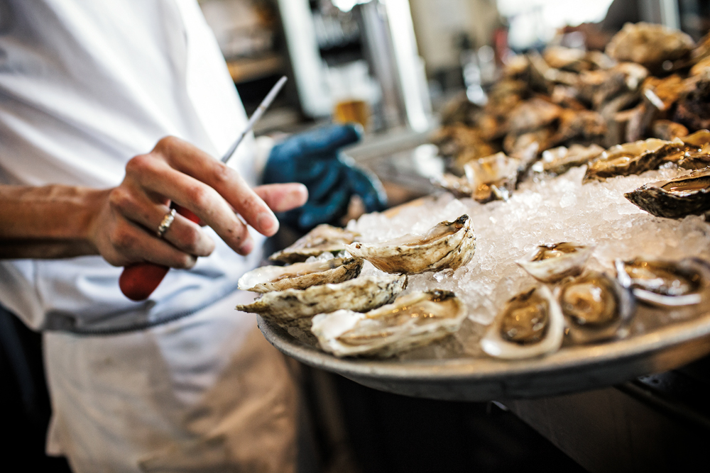 Shucking oysters at Hog Island Oyster Bar in SF. Photo courtesy of Hog Island Oyster Co.