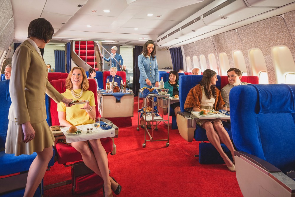 Break out the polyester: For a price, you can go back in time on an L.A. sound set and enjoy a meal in the style of an international Pan Am flight in the 1970s, complete with linens and china. Photo: Courtesy of Michael Kelley/Air Hollywood