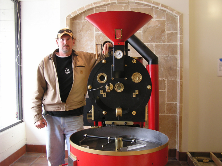 Catahoula owner Timber Manhart, with his coffee roaster in Richmond. Photo: Catahoula