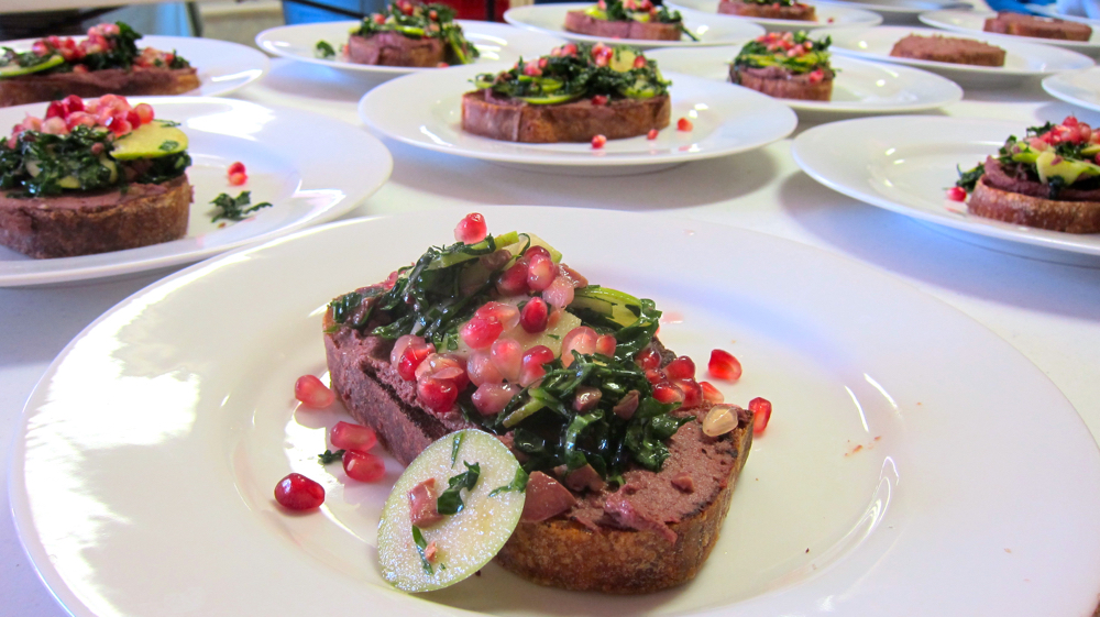 Chicken Liver Bruschetta, Shaved Brussels Sprouts and Pomegranate Seeds with Giblet Vinaigrette