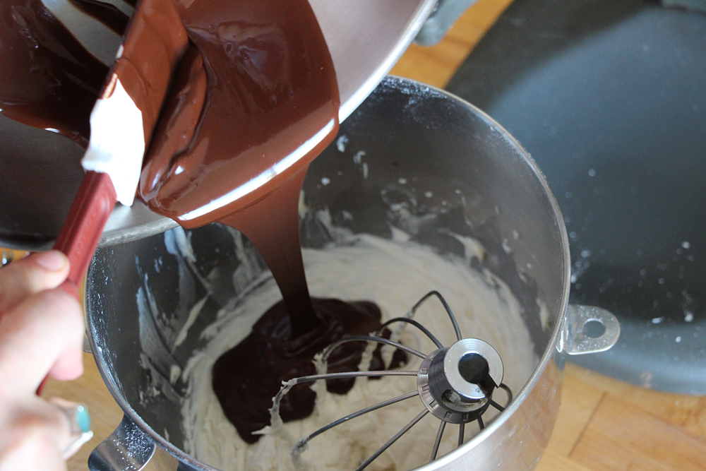 In the bowl of a stand mixer fitted with the whip attachment, beat the butter, confectioners’ sugar, and salt on medium speed until light and fluffy, about 3 minutes. Beat in the vanilla. Add the cooled chocolate and beat on low speed until incorporated, then increase the speed and beat until light and fluffy, about 2 minutes. Photo: Wendy Goodfriend