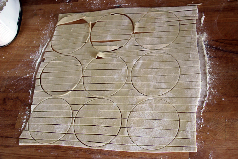 Using the 4-inch cutter, cut out 9 rounds of strips.