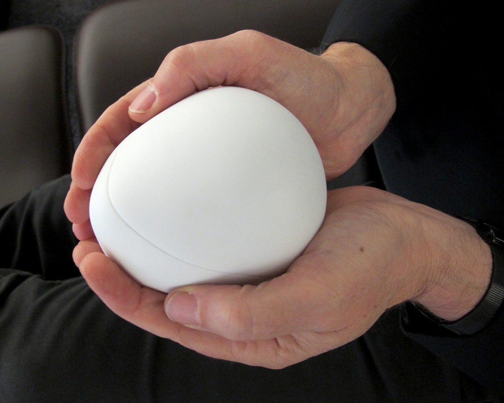 The "oRb" vibrates in your hands as you sing. It's one of the projects under development at Le Laboratoire, Cambridge. Photo: Andrea Shea/WBUR