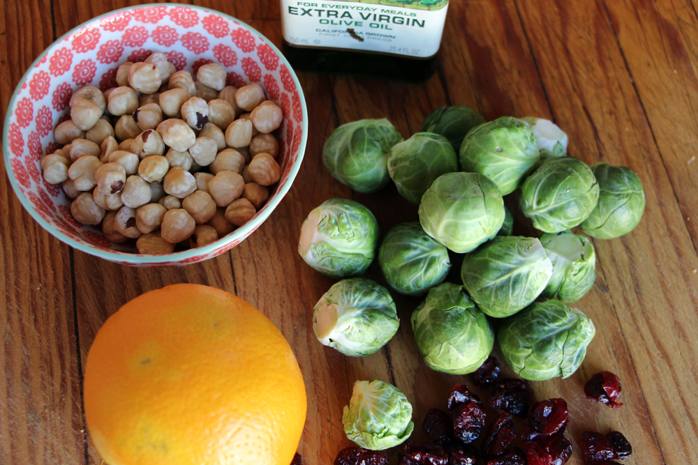 Ingredients for Roasted Brussels Sprouts with Dried Cranberries, Toasted Hazelnuts, and Orange Zest. Photo: Wendy Goodfriend