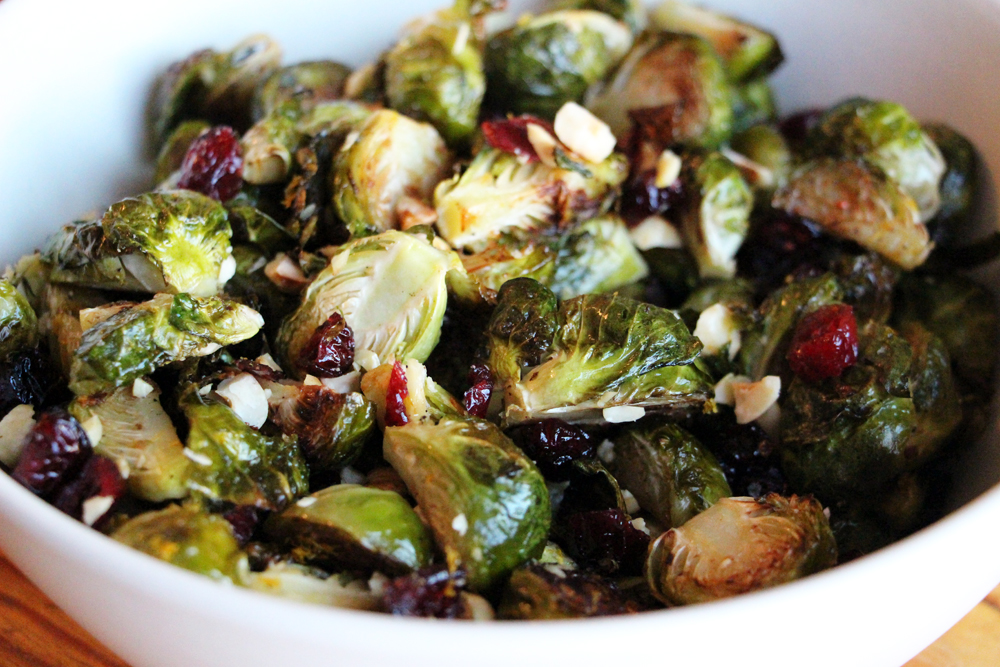 Roasted Brussels Sprouts with Dried Cranberries, Toasted Hazelnuts, and Orange Zest. Photo: Wendy Goodfriend