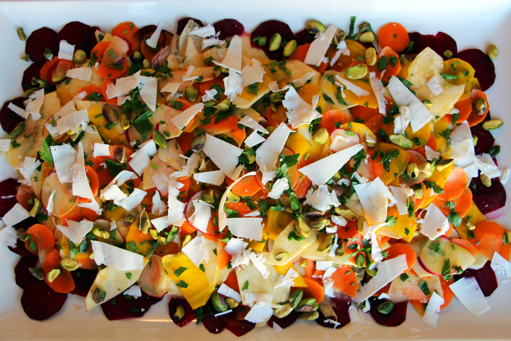 Shaved Carrot, Beet, and Celery Root Salad with Pistachios and Ricotta Salata. Photo: Wendy Goodfriend