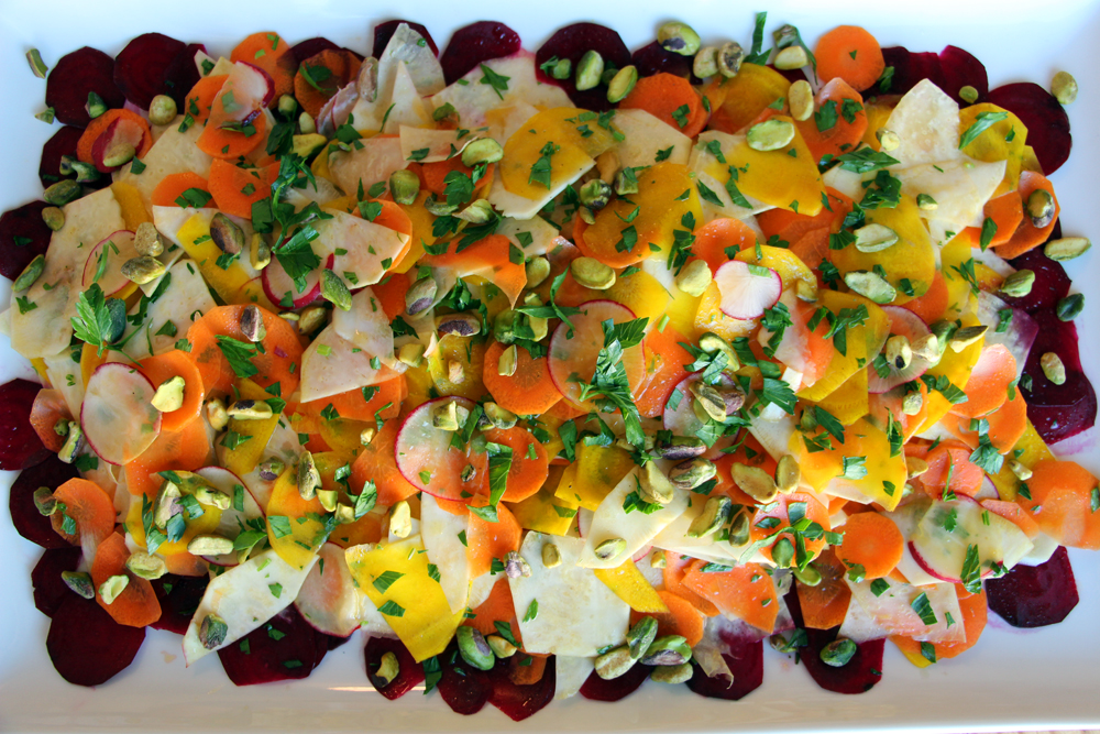 Shaved Carrot, Beet, and Celery Root Salad with Pistachios and no cheese. Photo: Wendy Goodfriend