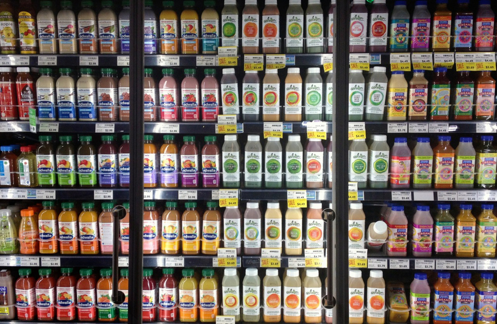 One of two “walls of juice” at a Bay Area Whole Foods. Photo: Lisa Landers