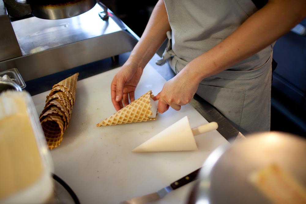 Not only does the Penny Ice Creamery make its own custard base but the cones are individually hand rolled and baked on site. Photo: Molly Watson