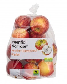 This summer, U.K. supermarket chain Waitrose stocked apples prominently branded as "weather blemished" – the result of extensive damage from hail at its South African farm suppliers. Photo: Courtesy of Waitrose