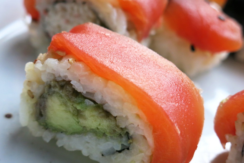 Chef James Corwell's nigiri sushi rolls made with Tomato Sushi, a plant-based tuna alternative, in San Francisco. Photo: Alastair Bland for NPR