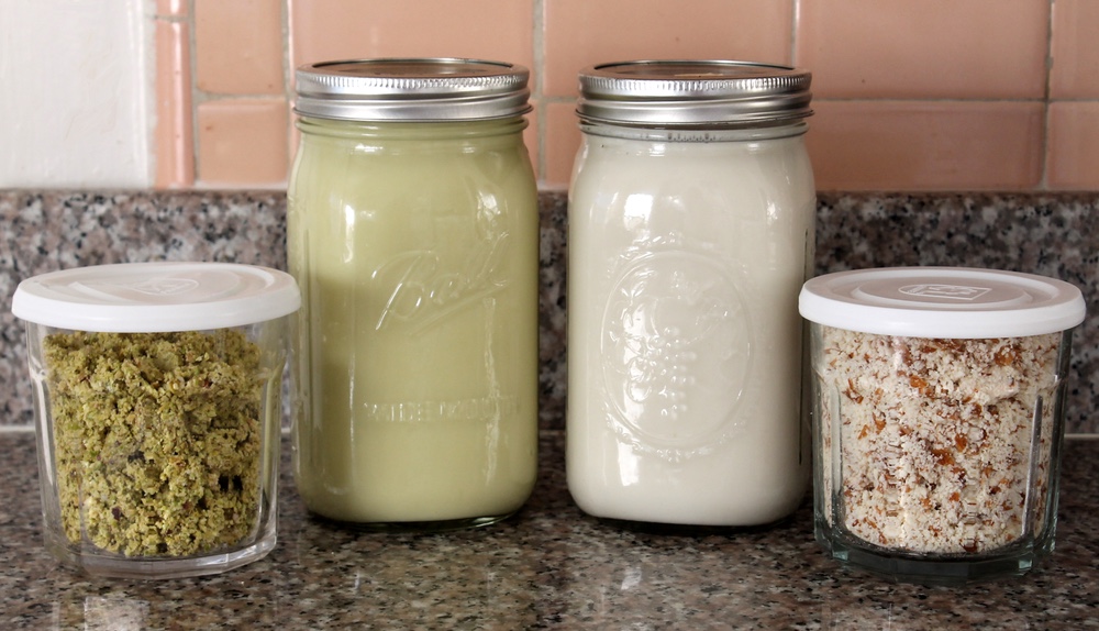 Homemade pistachio milk, almond milk, and nut meal. Photo: Kate Williams