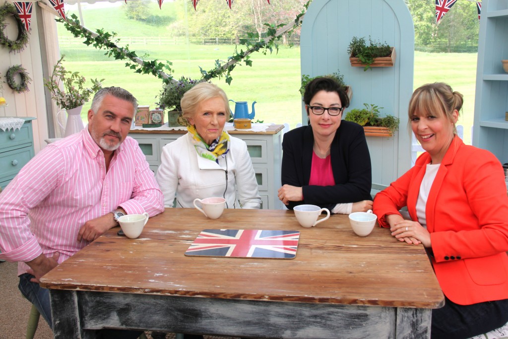 Judges Mary Berry and Paul Hollywood with Great British Baking Show presenters Sue Perkins and Mel Giedroyc. Courtesy of Love Productions.