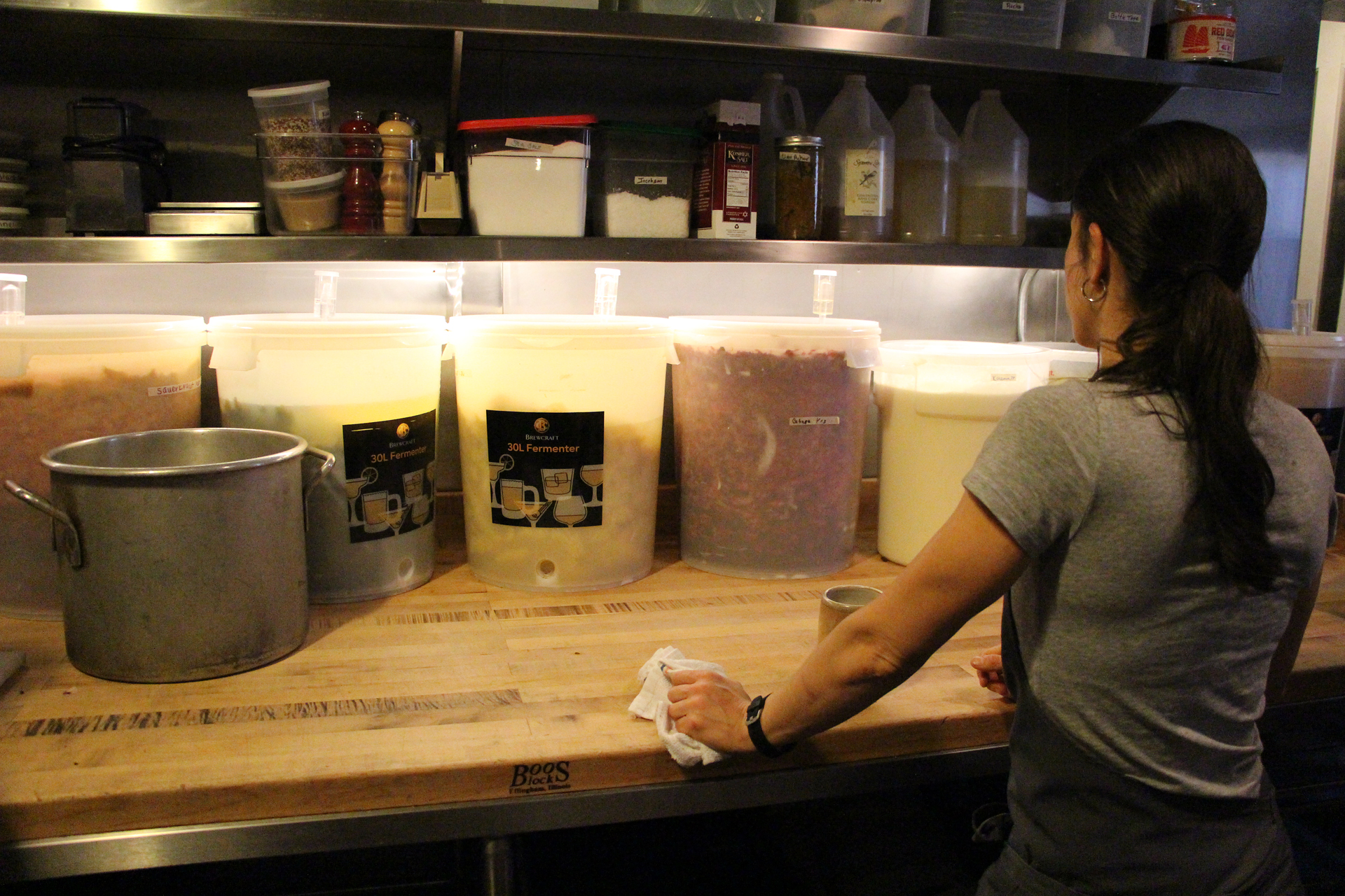 Fermentation tubs with melon juice and kefir cream, red cabbage kraut and more. Photo: Wendy Goodfriend
