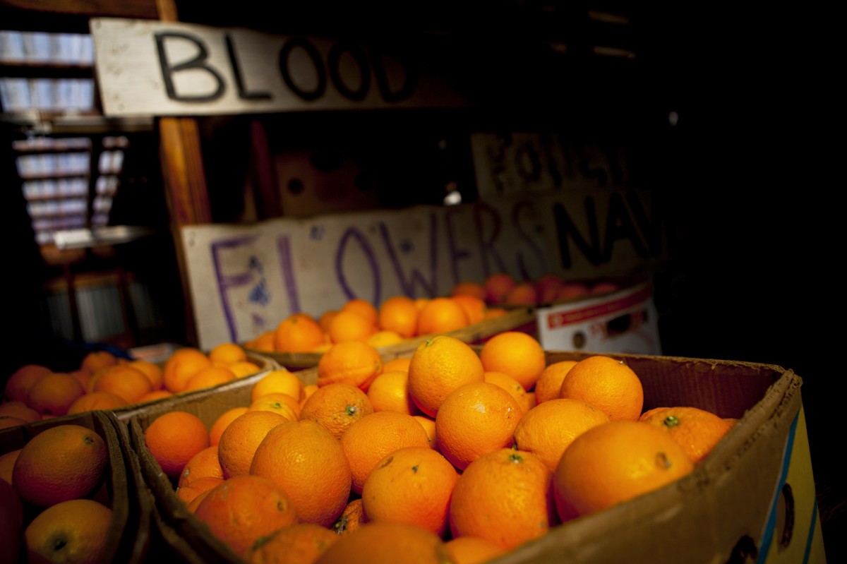 Oranges sit in crates at the Rancho Del Sol Organics farm in San Diego County, Calif., on Feb. 10, 2014. A labor dispute at major West Coast ports has left millions of pounds of California oranges stranded in warehouses and on half-loaded boats. Photo: Sam Hodgson/Bloomberg via Getty Images