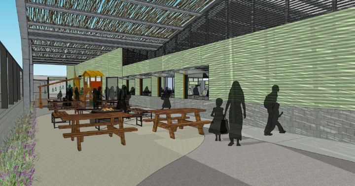 A rendering of People’s Community Market shows a dining area at its front entrance. Image: People’s Community Market