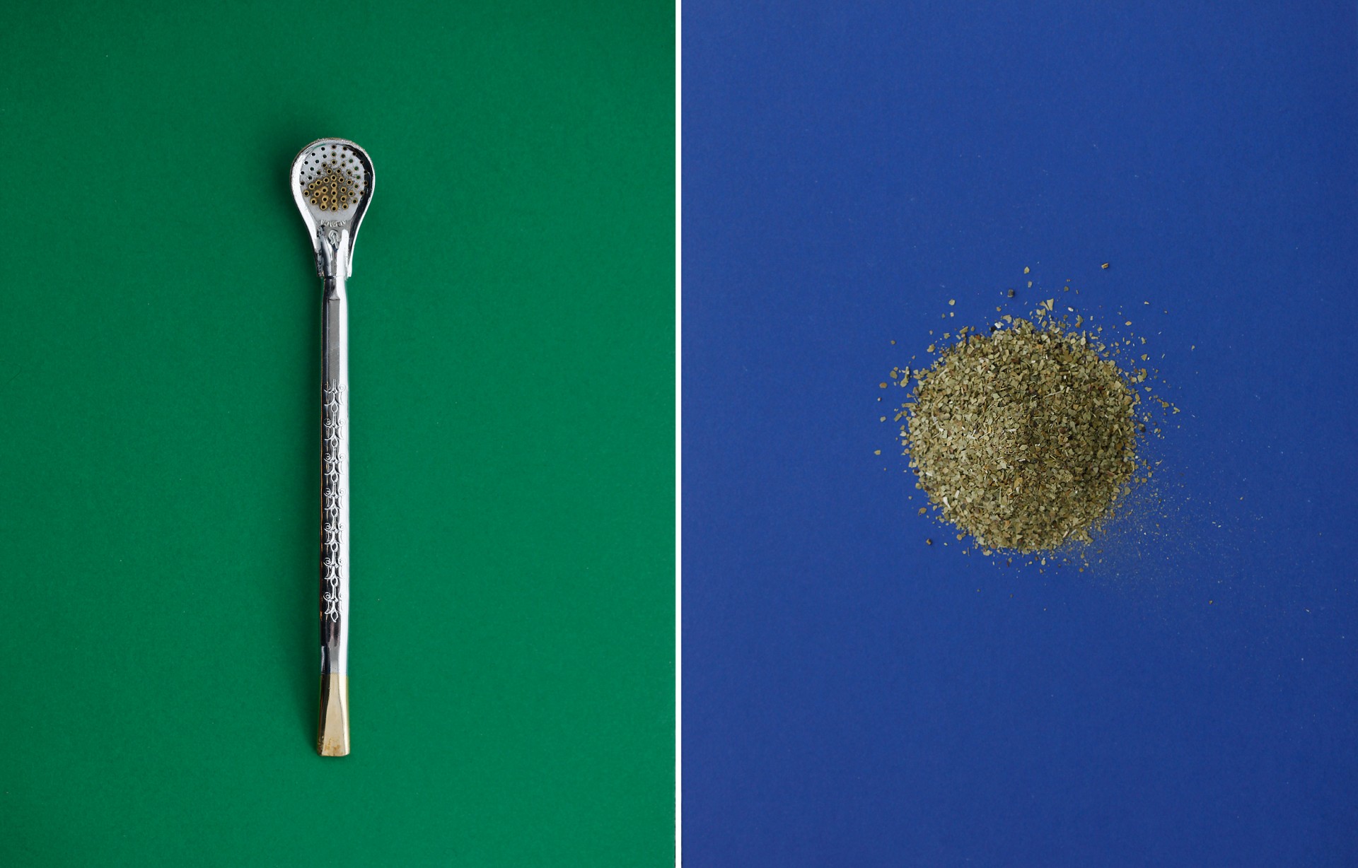 (Left) A bombilla, the metal drinking straw with a strainer at one end that's used to sip yerba mate. (Right) Mate leaves. Photos: Ryan Kellman/Meredith Rizzo/NPR