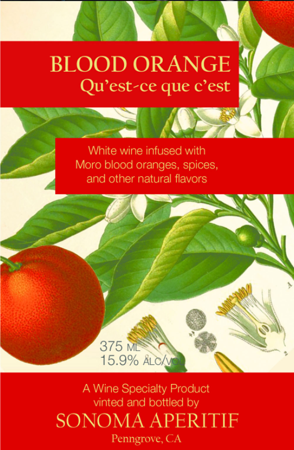 Blood orange label. Strict and sometimes puzzling regulations prohibited Hagar-Rush from putting "aperitif" on her labels so instead, she puckishly calls her essences "Qu'est-ce que c'est" (what is it?)