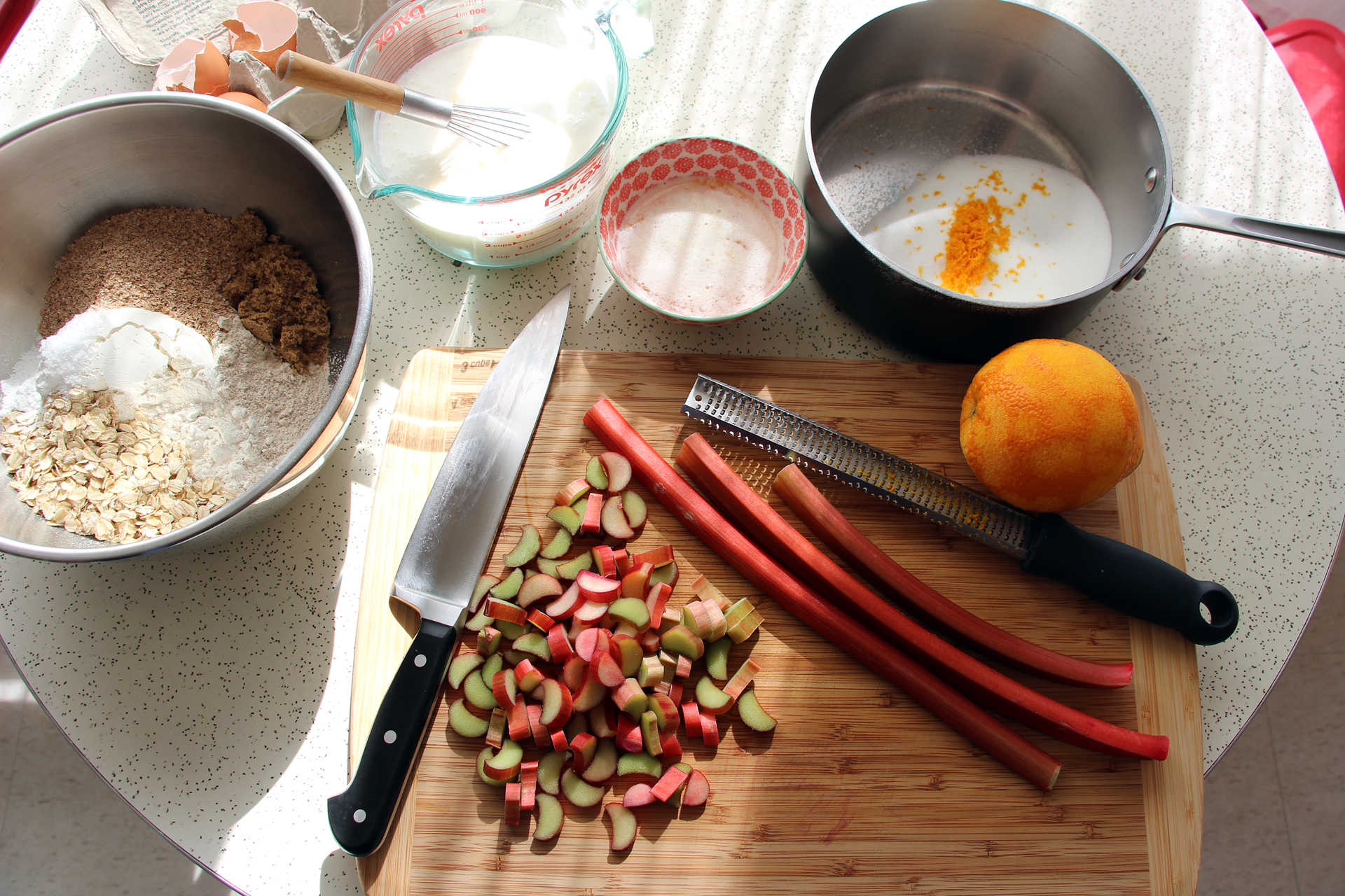 Ingredients for Multigrain Pancakes with Rhubarb-Orange Compote.