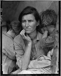 Lange's iconic photograph of Florence Owens Thompson, often referred to as "Migrant Mother." It was taken at a camp full of destitute pea pickers in Nipomo, Calif., in 1936.