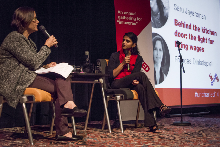 Saru Jayaraman, seen here speaking with Berkeleyside’s Frances Dinkelspiel at Uncharted 2014, says in the long run wage increases in the restaurant field will be better for business.