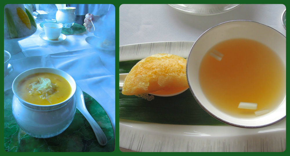 Mango dessert and lobster dumpling and broth, Yan Toh Heen.