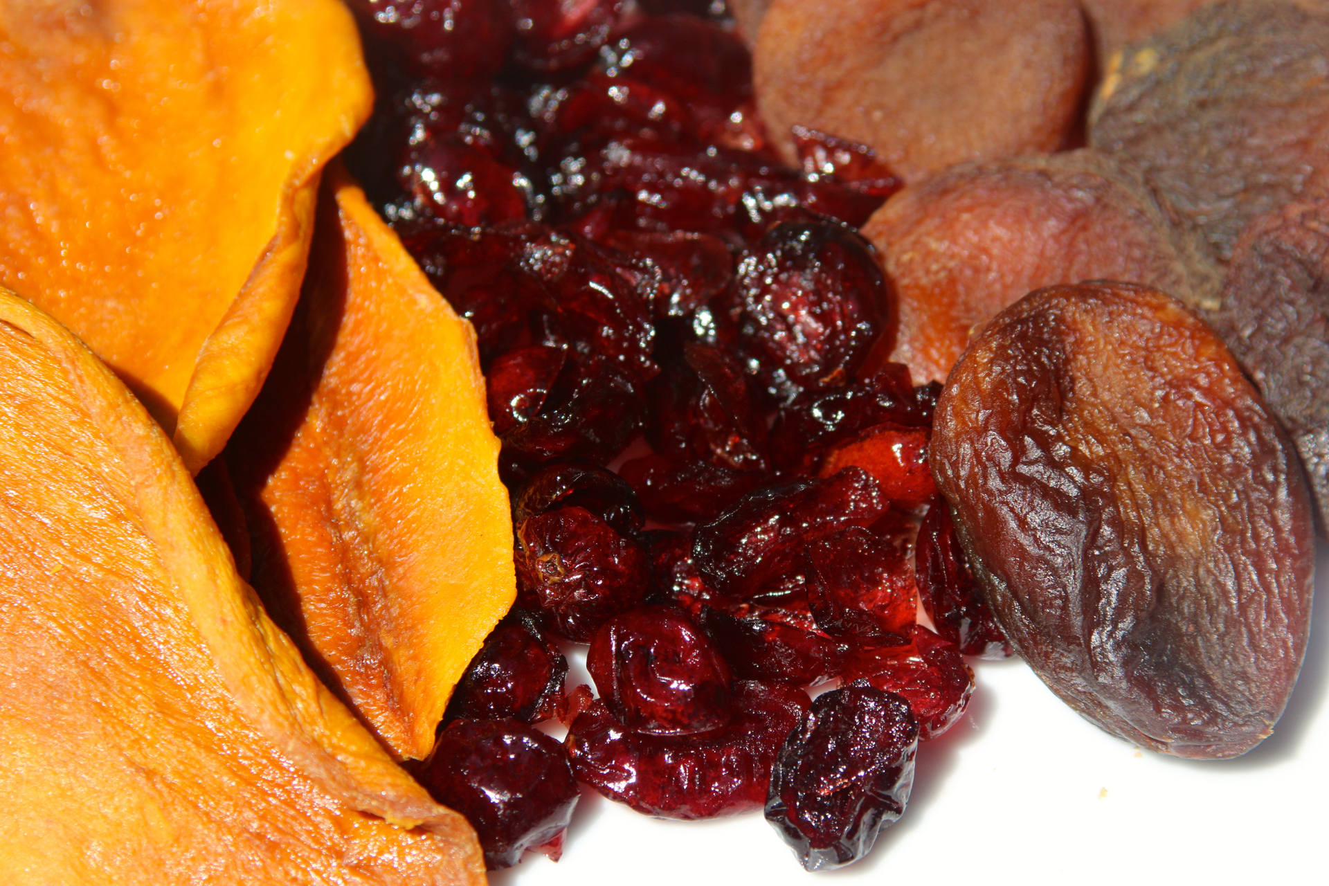 Dried mangos, cranberries and apricots.