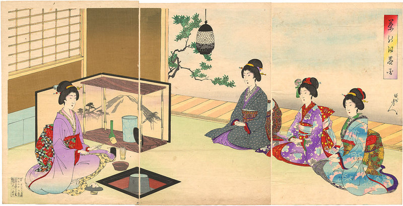 A woodblock print by the artist Toyohara Chikanobu depicts a tea ceremony during the reign of Japan's Emperor Meiji. Under Meiji, tea was included in many schools as part of etiquette training for women. 