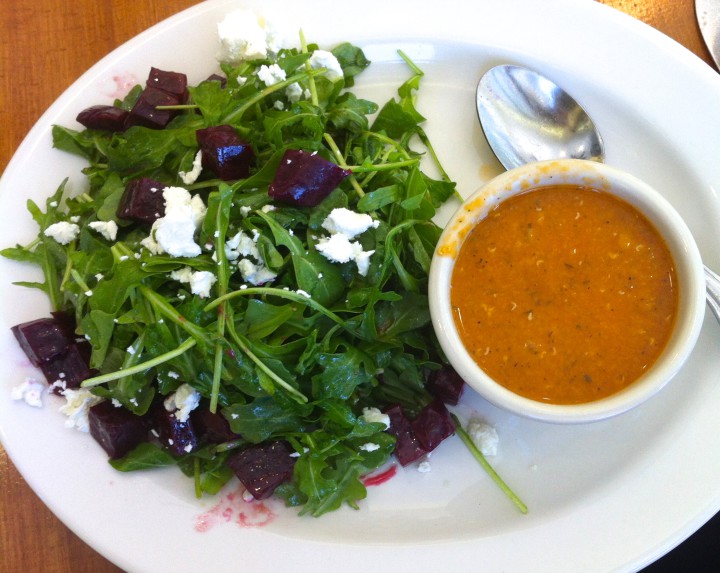 Kobani’s arugula and beet salad with creamy lentil soup.