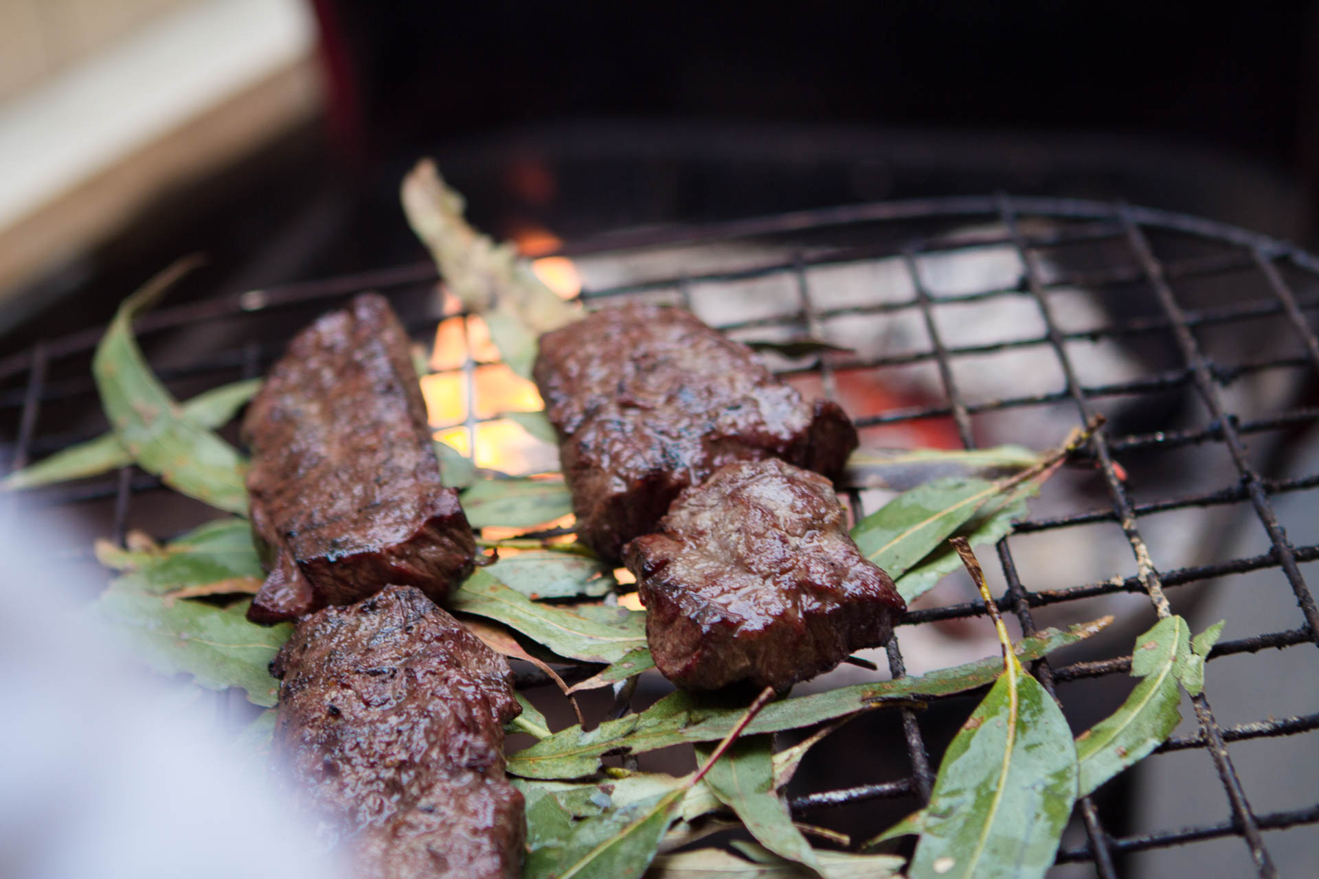 Beef grilling with eucalyptus. 