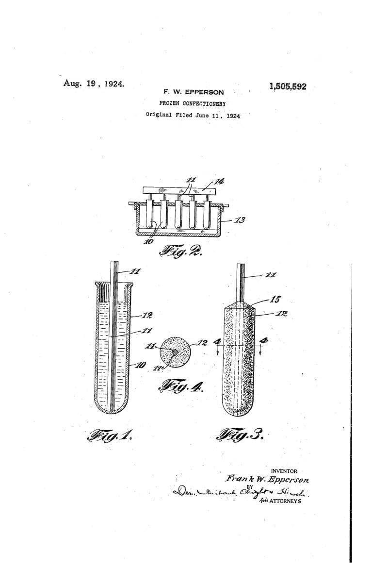 The patent Frank Epperson filed in 1924 for his "Frozen confectionery" Source: United States Patent and Trademark Office