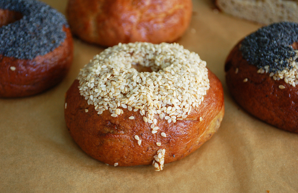 The sesame bagel has heaps of seeds on top and the shiny exterior that comes from being boiled -- in this case, in honey water, as is done for Montreal-style bagels.