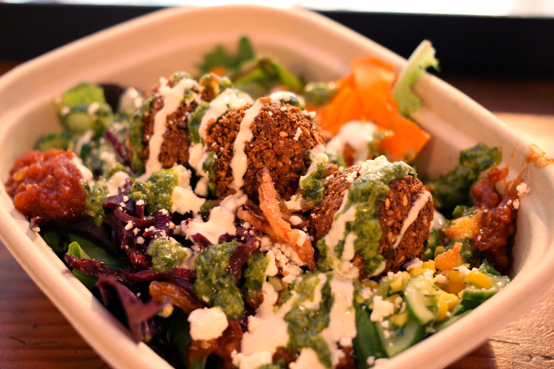 The falafel salad with all the toppings at Liba Falafel in Oakland.