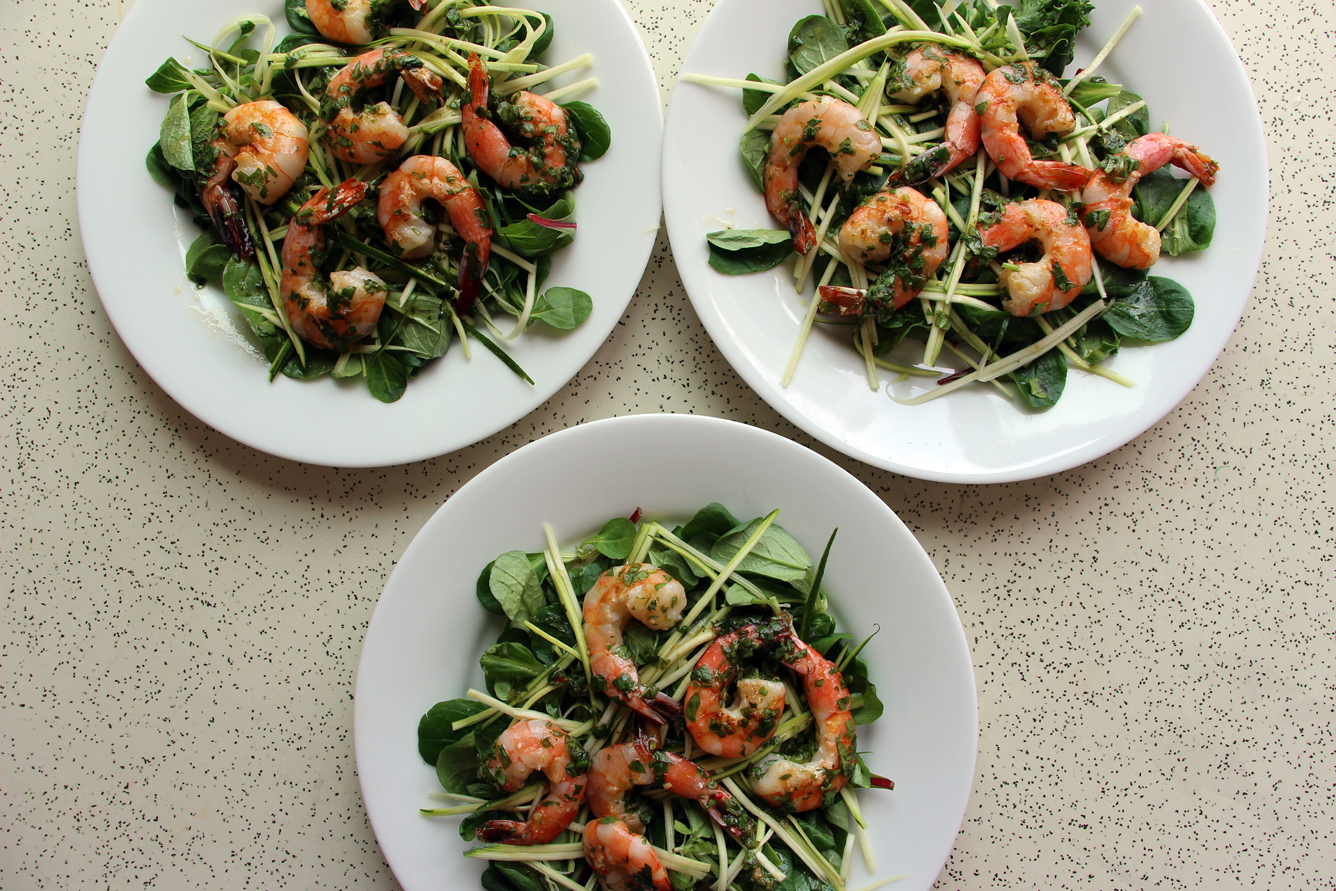 Grilled Shrimp Salad with Zucchini Noodles, Baby Greens, and Spicy Thai Basil Vinaigrette