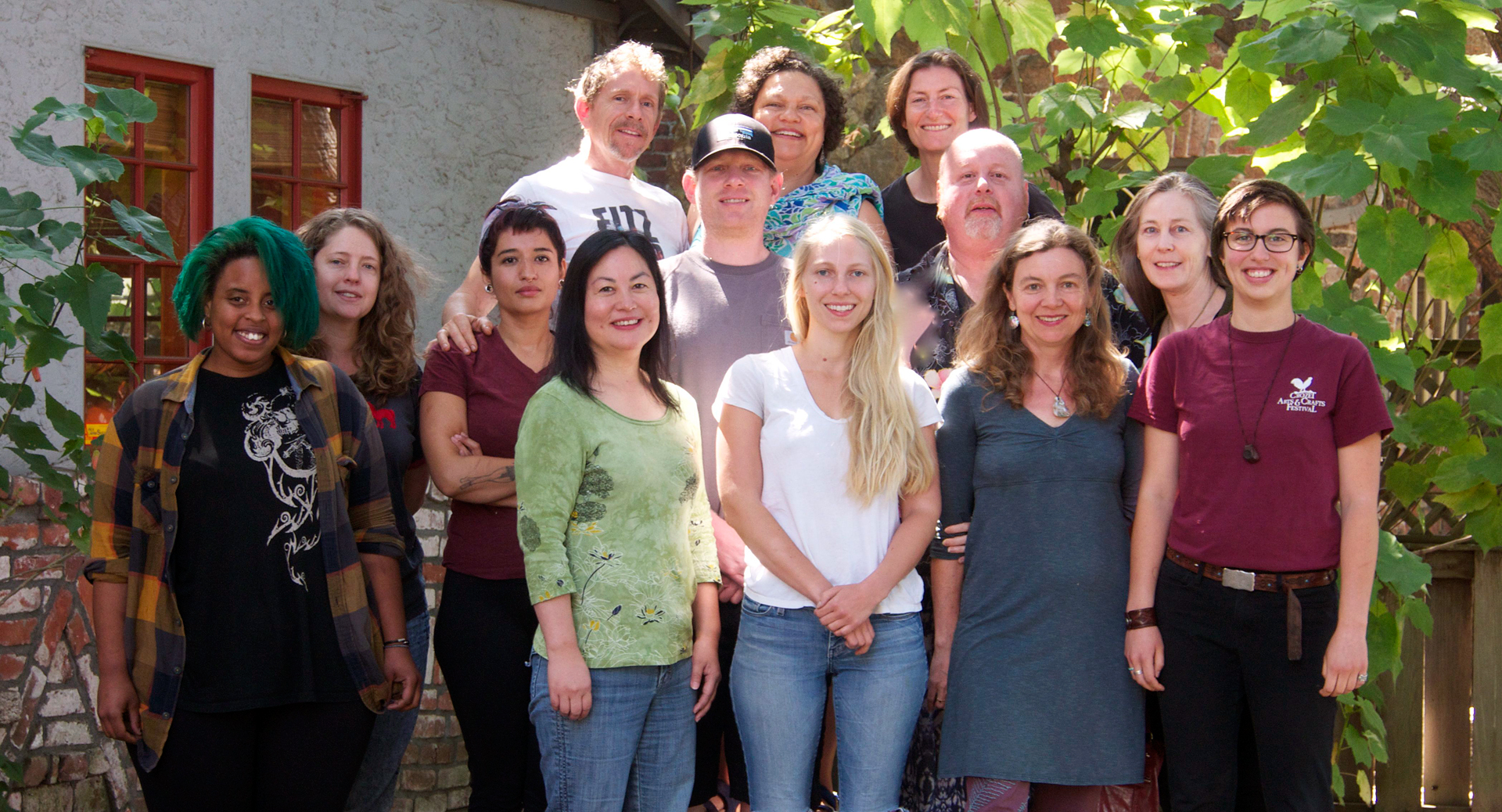 13 of the current worker-owners: back row L-R: Andy Renard, Porsche Combash, Linda Kallenberger Front, L to R: Sandra Kyle, Shannon Lott, Connie Del Rio, Misa Koketsu, Otto Thorsen, Hanna Towers, Mud Hut, Jessica Prentice, Mary Dee, Raty Syka